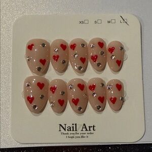 Handmade press on Nail Art with Red Hearts and Rhinestones